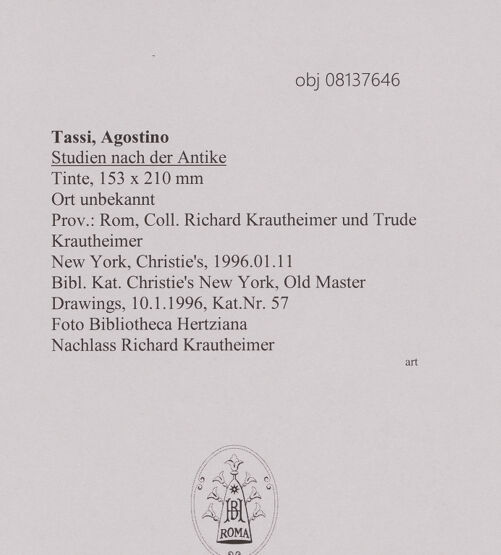 Rückseite von Bibliotheca Hertziana [https://www.deutsche-digitale-bibliothek.de/content/lizenzen/rv-fz/] Studien nach der Antike - , bh608252_recto. Foto.