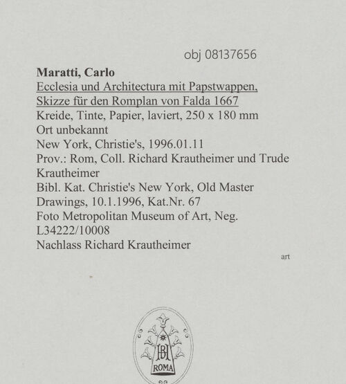 Rückseite von Metropolitan Museum of Art [https://www.deutsche-digitale-bibliothek.de/content/lizenzen/rv-ez/] Ecclesia und Architectura mit Papstwappen, Skizze für den Romplan von Falda 1667 - , bh608268_recto. Foto.