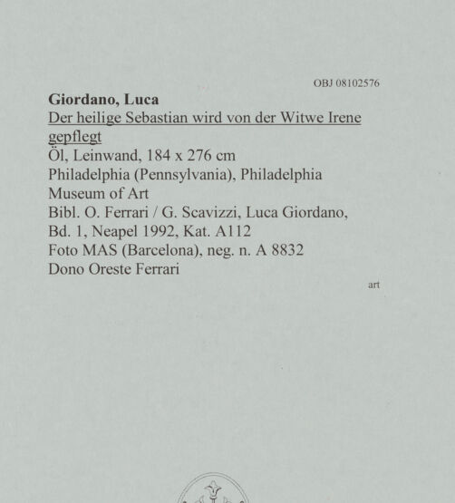 Rückseite von MAS (Barcelona) [https://www.deutsche-digitale-bibliothek.de/content/lizenzen/rv-ez/] Der heilige Sebastian wird von der Witwe Irene gepflegt - , bh608342_recto. Foto.