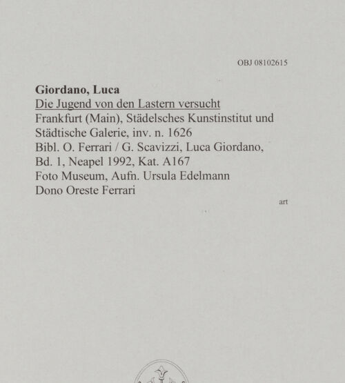 Rückseite von Städelsches Kunstinstitut und Städtische Galerie [https://www.deutsche-digitale-bibliothek.de/content/lizenzen/rv-ez/] Die Jugend von den Lastern versucht - , bh608376_recto. Foto: Edelmann, Ursula.