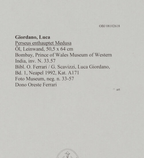 Rückseite von Prince of Wales Museum of Western India [https://www.deutsche-digitale-bibliothek.de/content/lizenzen/rv-ez/] Perseus enthauptet Medusa - , bh608380_recto. Foto.