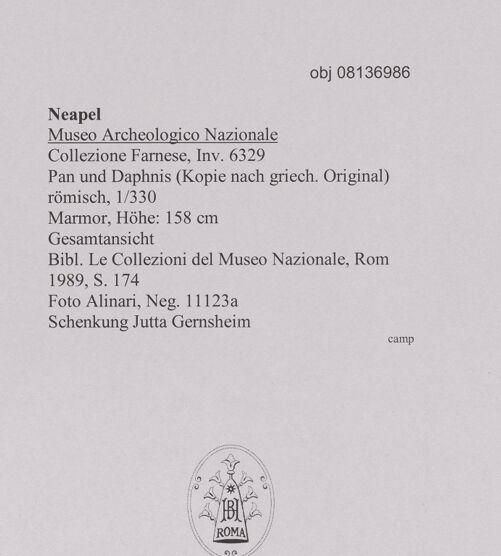 Rückseite von Alinari [https://www.deutsche-digitale-bibliothek.de/content/lizenzen/rv-fz/] Pan und Daphnis, Kopie einer Gruppe der zweiten Hälfte des 2. Jahrhundertsv. Chr. - Gesamtansicht, bh608410_recto. Foto.