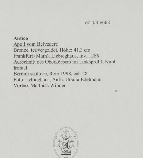 Rückseite von Liebieghaus [https://www.deutsche-digitale-bibliothek.de/content/lizenzen/rv-ez/] Apoll vom Belvedere - Ausschnitt des Oberkörpers im Linksprofil, Kopf frontal, bh608421_recto. Foto: Edelmann, Ursula.