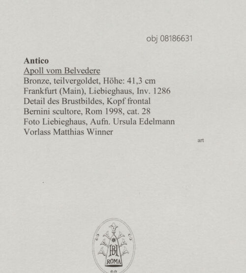 Rückseite von Liebieghaus [https://www.deutsche-digitale-bibliothek.de/content/lizenzen/rv-ez/] Apoll vom Belvedere - Detail des Brustbildes, Kopf frontal, bh608422_recto. Foto: Edelmann, Ursula.