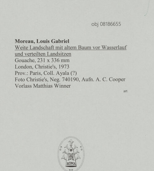 Rückseite von Christie's [https://www.deutsche-digitale-bibliothek.de/content/lizenzen/rv-fz/] Weite Landschaft mit altem Baum vor Wasserlauf und verteilten Landsitzen - , bh608424_recto. Foto: Cooper, A. C..