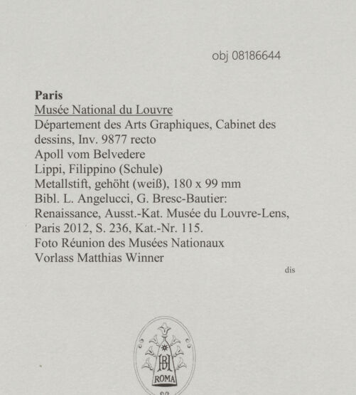 Rückseite von Réunion des Musées Nationaux [https://www.deutsche-digitale-bibliothek.de/content/lizenzen/rv-ez/] Apoll vom Belvedere - , bh608425_recto. Foto.