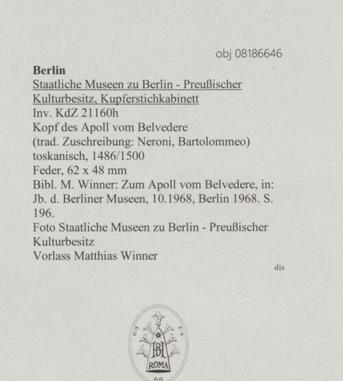 Rückseite von Staatliche Museen zu Berlin - Preußischer Kulturbesitz [http://creativecommons.org/publicdomain/mark/1.0/] Kopf des Apoll vom Belvedere - , bh608428_recto. Foto.