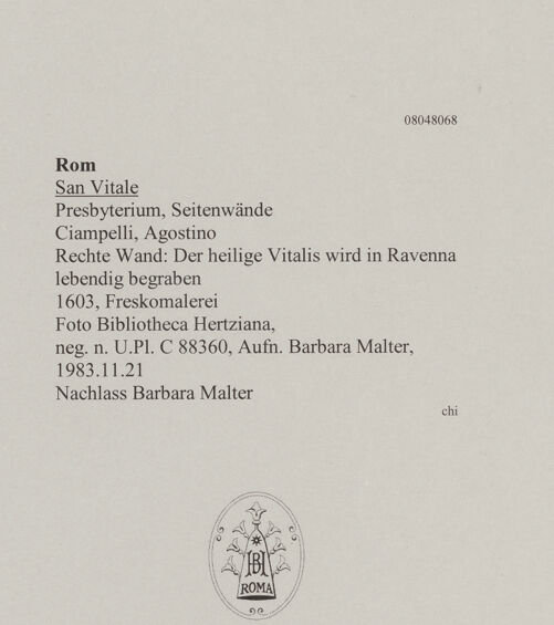 Rückseite von Bibliotheca Hertziana [https://www.deutsche-digitale-bibliothek.de/content/lizenzen/rv-ez/] ChorseitenwändeDer heilige Vitalis wird in Ravenna lebendig begraben - Gesamtansicht, bh608470_recto. Foto: Malter, Barbara.