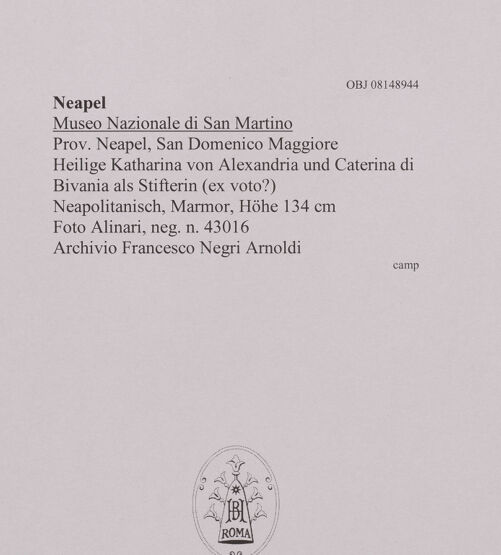 Rückseite von Alinari [https://www.deutsche-digitale-bibliothek.de/content/lizenzen/rv-ez/] Heilige Katharina von Alexandria und Caterina di Bivania als Stifterin (ex voto?) - Gesamtansicht, bh608501_recto. Foto.