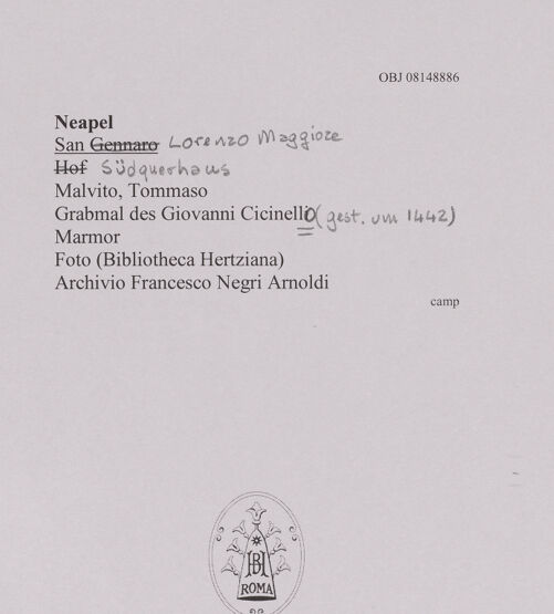 Rückseite von unbekannt [https://www.deutsche-digitale-bibliothek.de/content/lizenzen/rv-fz/] Grabmal des Giovanni Cicinello (gest. 1442) - , bh608518_recto. Foto.