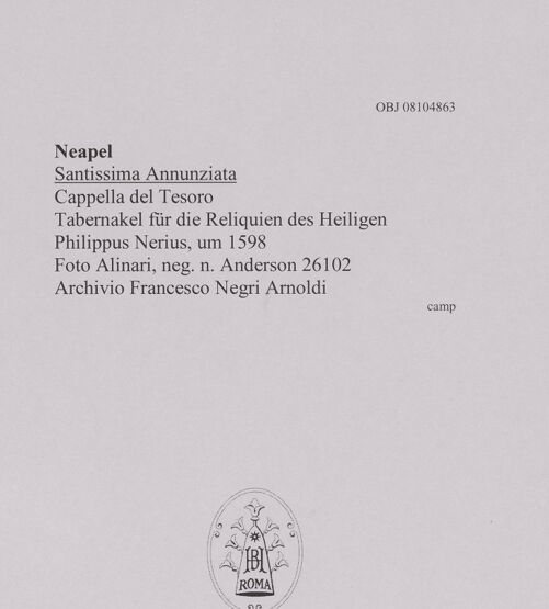 Rückseite von Alinari [https://www.deutsche-digitale-bibliothek.de/content/lizenzen/rv-ez/] Tabernakel für die Reliquien des Heiligen Philippus Nerius - Gesamtansicht, bh608530_recto. Foto.