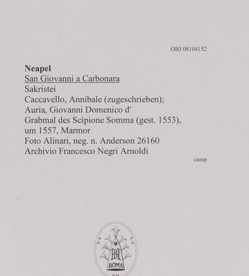 Rückseite von Alinari [https://www.deutsche-digitale-bibliothek.de/content/lizenzen/rv-ez/] Grabmal des Scipione Somma (gest. 1553) - Gesamtansicht, bh608534_recto. Foto.