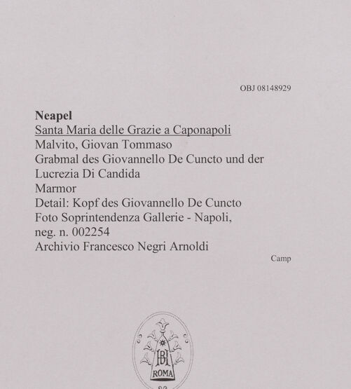 Rückseite von Soprintendenza Gallerie - Napoli [https://www.deutsche-digitale-bibliothek.de/content/lizenzen/rv-ez/] Grabmal des Giovannello De Cuncto und der Lucrezia Di Candida - Detail: Kopf des Giovannello De Cuncto, bh608538_recto. Foto.