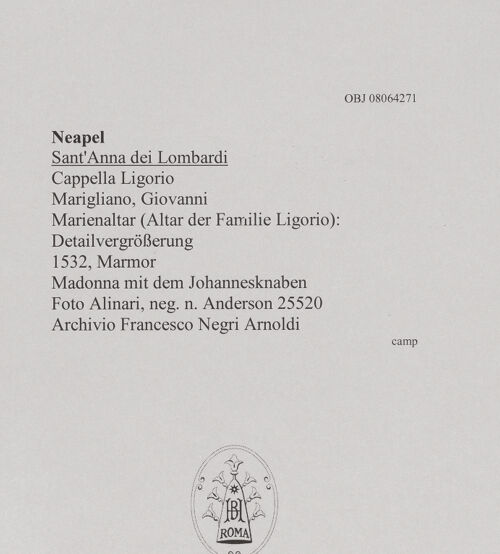 Rückseite von Alinari [https://www.deutsche-digitale-bibliothek.de/content/lizenzen/rv-ez/] Marienaltar (Altar der Familie Ligorio) - Detail: Maria, Jesuskind und Johannesknabe, bh608541_recto. Foto.