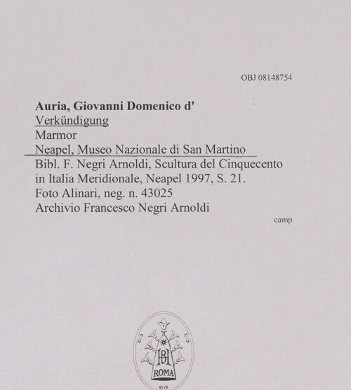 Rückseite von Alinari [https://www.deutsche-digitale-bibliothek.de/content/lizenzen/rv-ez/] Verkündigung - , bh608547_recto. Foto.