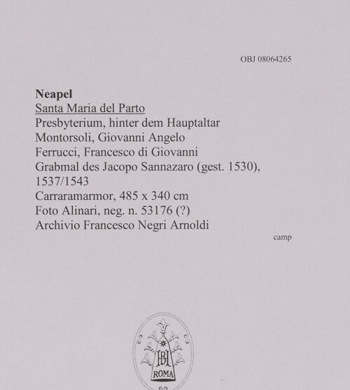 Rückseite von Alinari [https://www.deutsche-digitale-bibliothek.de/content/lizenzen/rv-ez/] Grabmal des Jacopo Sannazaro (gest. 1530) - , bh608564_recto. Foto.