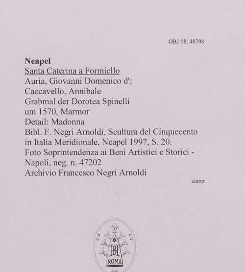 Rückseite von Soprintendenza ai Beni Artistici e Storici - Napoli [https://www.deutsche-digitale-bibliothek.de/content/lizenzen/rv-ez/] Grabmal der Dorotea Spinelli - Detail (Madonna), bh608569_recto. Foto.