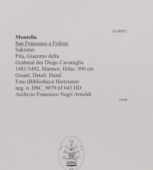 Rückseite von unbekannt [https://www.deutsche-digitale-bibliothek.de/content/lizenzen/rv-fz/] Grabmal des Diego I, Conte di Cavaniglia (gest. 1481) - Detail: Hund, bh608587_recto. Foto.