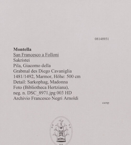 Rückseite von unbekannt [https://www.deutsche-digitale-bibliothek.de/content/lizenzen/rv-fz/] Grabmal des Diego I, Conte di Cavaniglia (gest. 1481) - Detail: Sarkophag, Madonna, bh608601_recto. Foto.