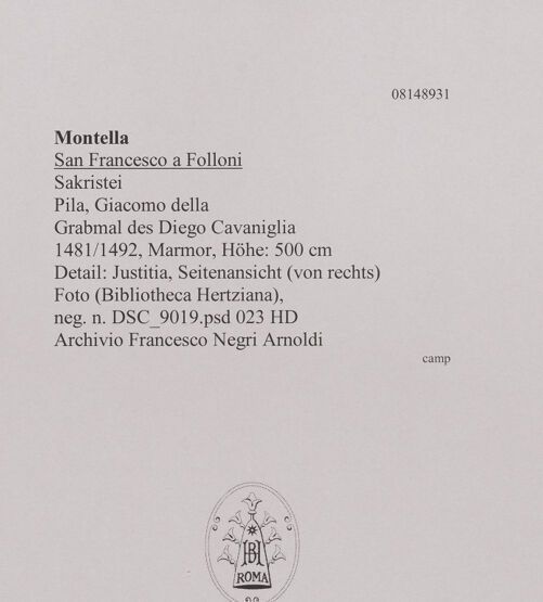 Rückseite von unbekannt [https://www.deutsche-digitale-bibliothek.de/content/lizenzen/rv-fz/] Grabmal des Diego I, Conte di Cavaniglia (gest. 1481) - Detail: Justitia, Seitenansicht (von rechts), bh608603_recto. Foto.