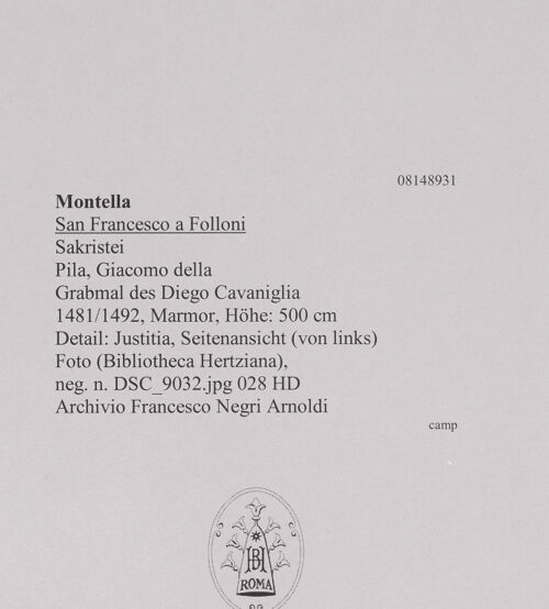 Rückseite von unbekannt [https://www.deutsche-digitale-bibliothek.de/content/lizenzen/rv-fz/] Grabmal des Diego I, Conte di Cavaniglia (gest. 1481) - Detail: Justitia, Seitenansicht (von links), bh608604_recto. Foto.